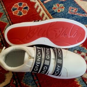 Givenchy White Leather Sneakers with Black Logo Straps and Red Soles